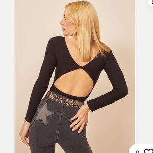 Reformation Black Ribbed Open Back Bodysuit